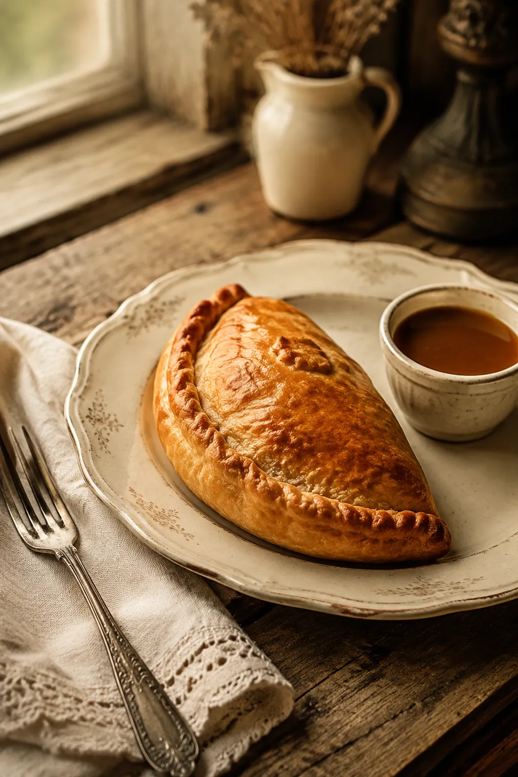 Cornish pasty served with brown gravy on a vintage plate