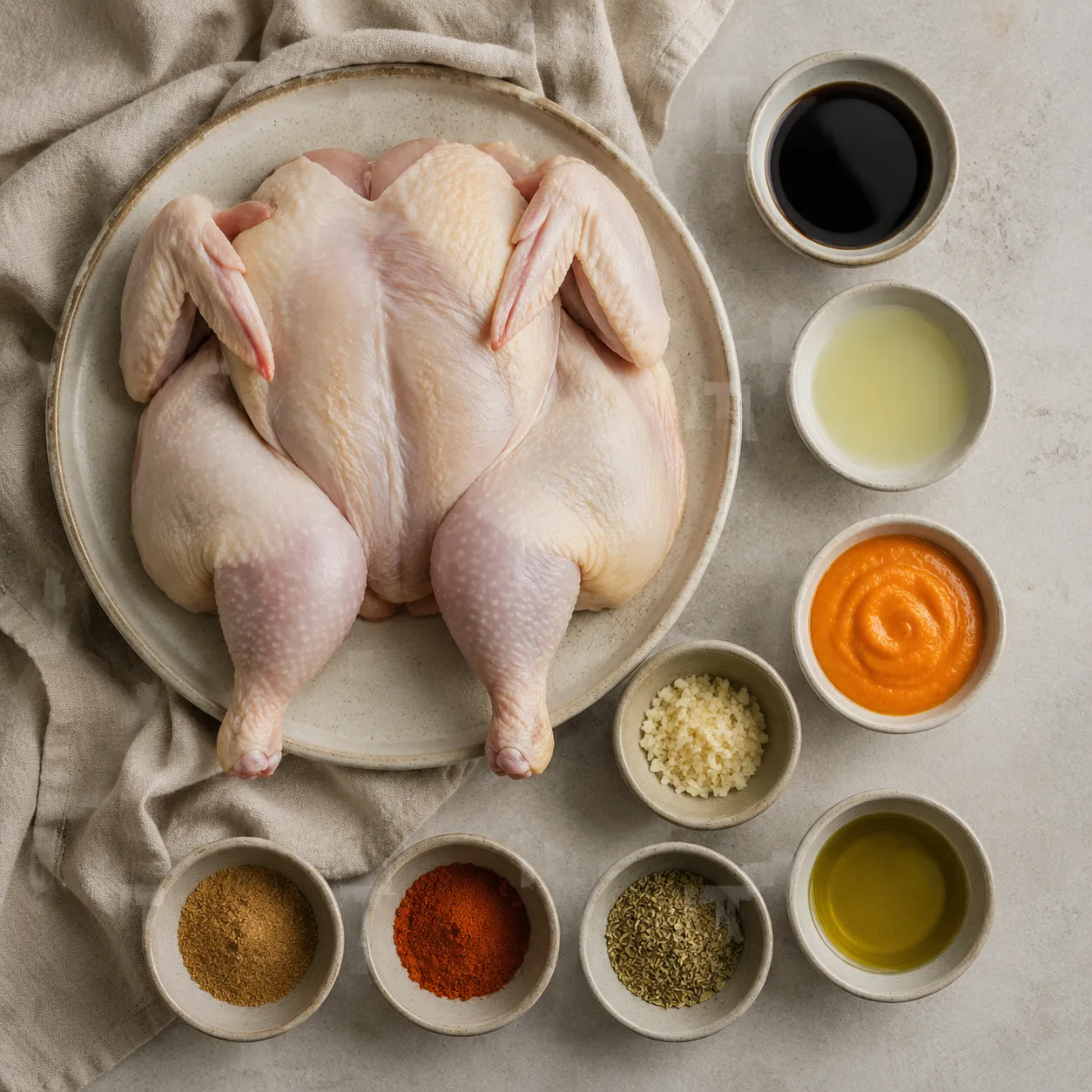 Peruvian chicken ingredients flatlay with aji amarillo paste, garlic, and spices