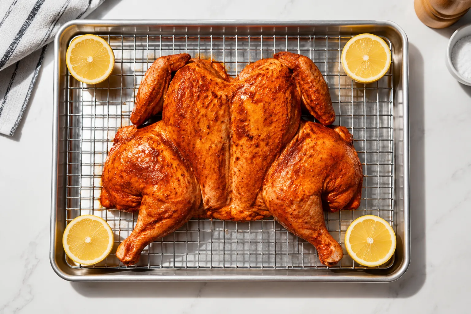 Marinated Peruvian chicken on a wire rack ready to roast
