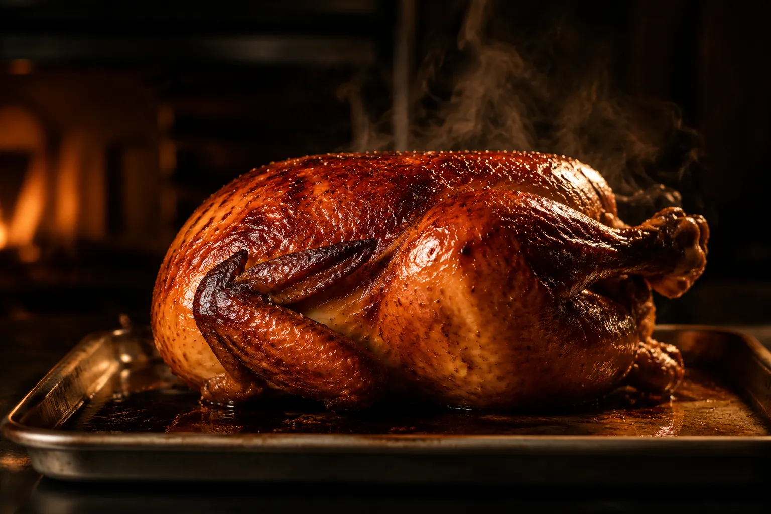 Roasted pollo a la brasa with crispy mahogany skin fresh from the oven
