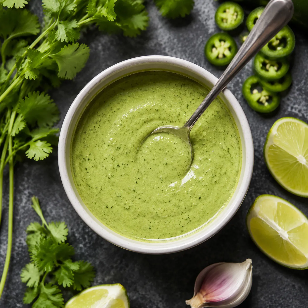 Peruvian aji verde green sauce in a small bowl with cilantro and jalapeno