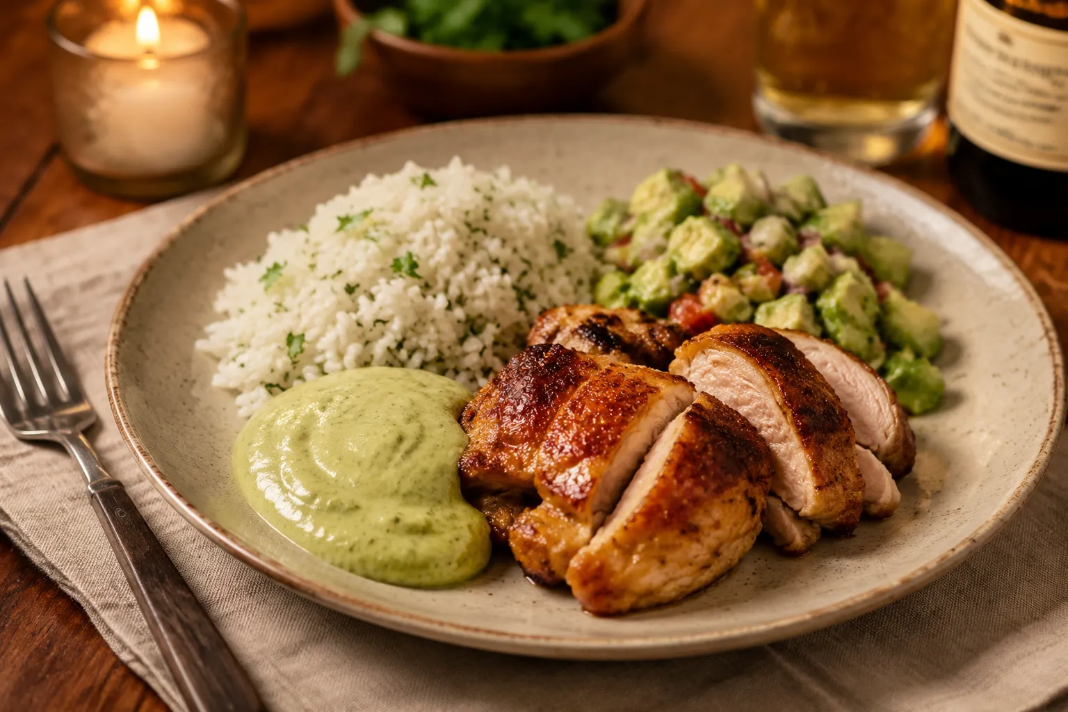 Peruvian chicken plate with rice, salad, and aji verde green sauce