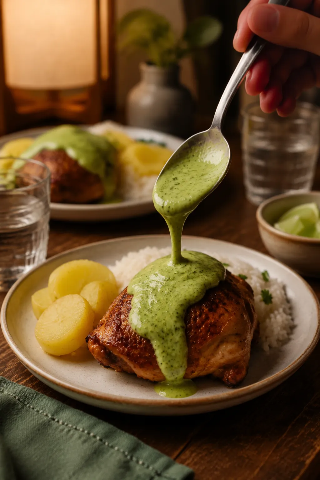 Drizzling aji verde sauce over a piece of Peruvian chicken at the table