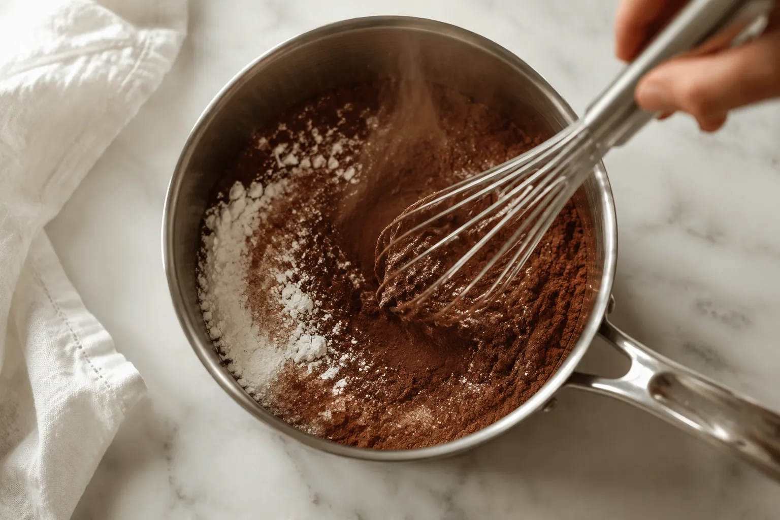 Whisking cocoa powder, sugar, and cornstarch in a saucepan for chocolate pudding