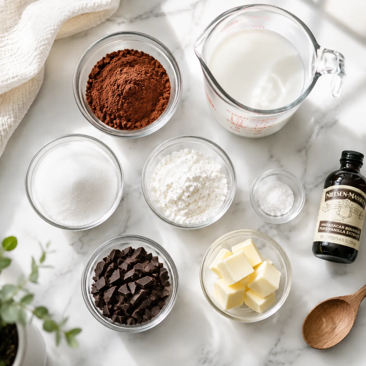Homemade chocolate pudding ingredients flatlay with cocoa, milk, sugar, and chopped chocolate