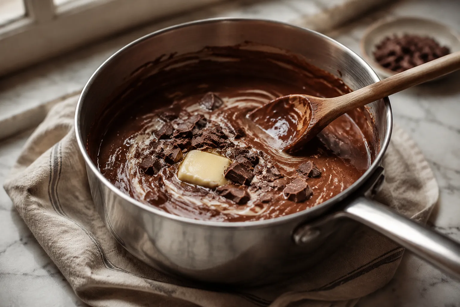 Stirring dark chocolate and butter into hot homemade chocolate pudding
