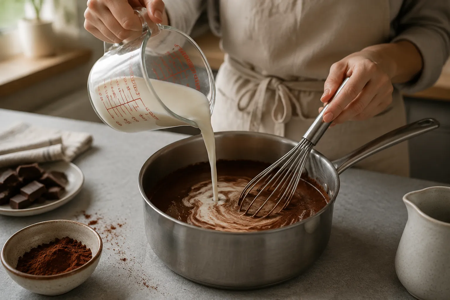 Pouring milk into cocoa mixture while making homemade chocolate pudding