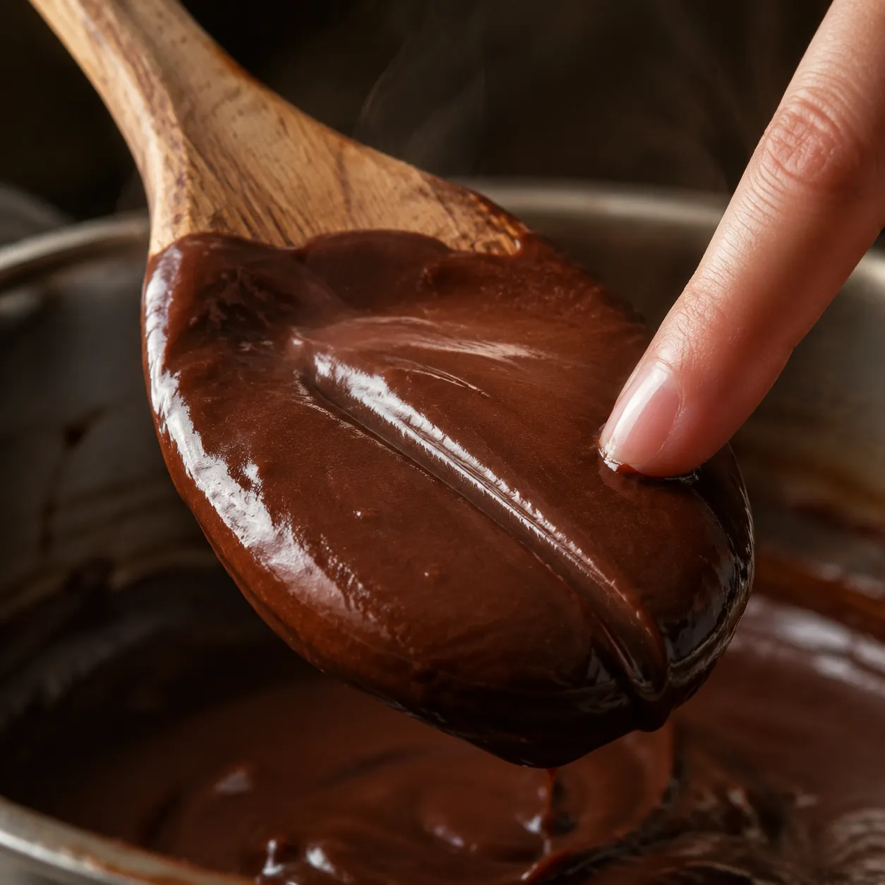 Thick chocolate pudding coating the back of a wooden spoon, showing perfect consistency