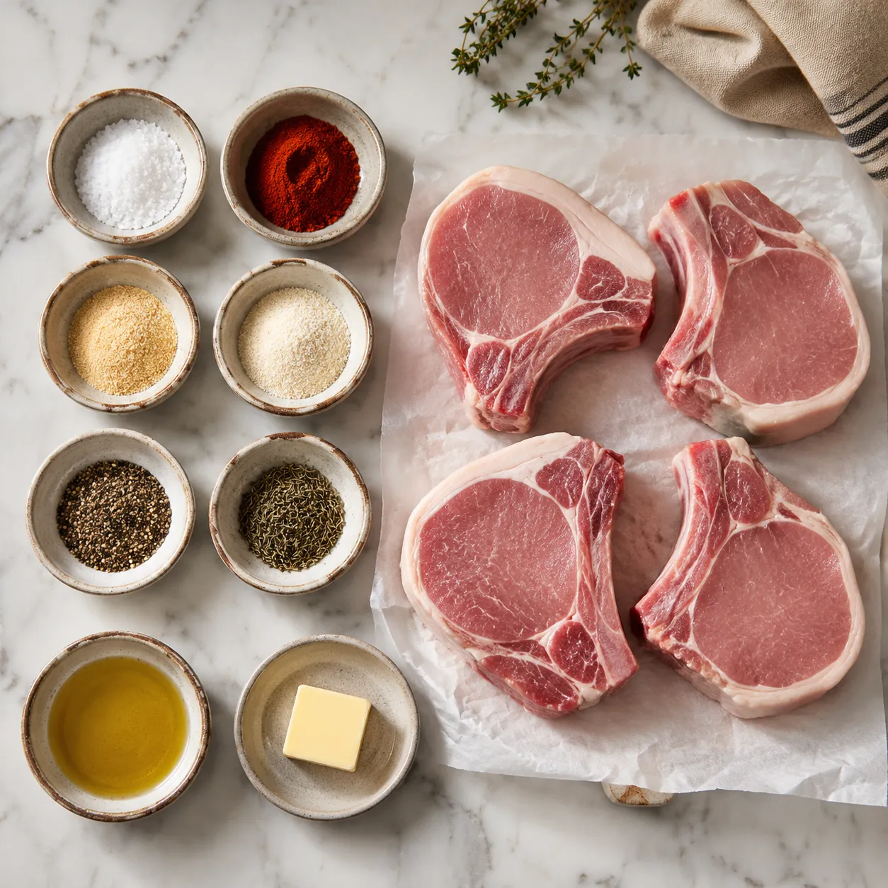 Ingredients for baked bone in pork chops laid out overhead