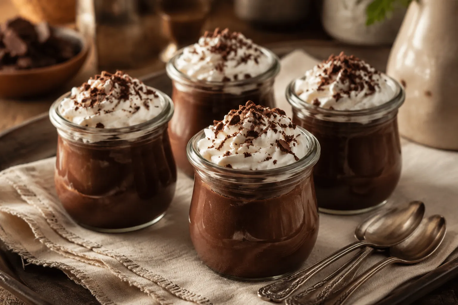 Homemade chocolate pudding served in glass jars with whipped cream and chocolate shavings