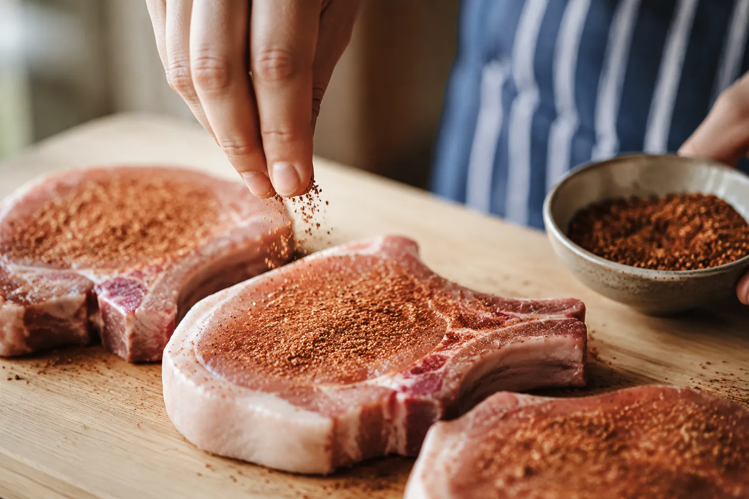 Seasoning bone in pork chops with dry rub before baking