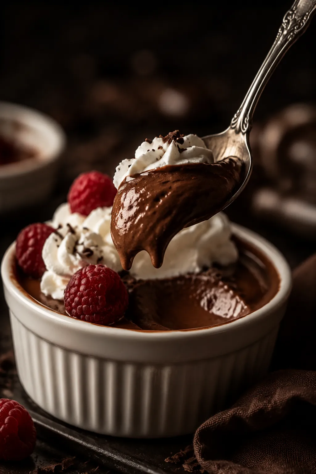 Spoonful of silky chocolate pudding lifted from a ramekin showing creamy texture