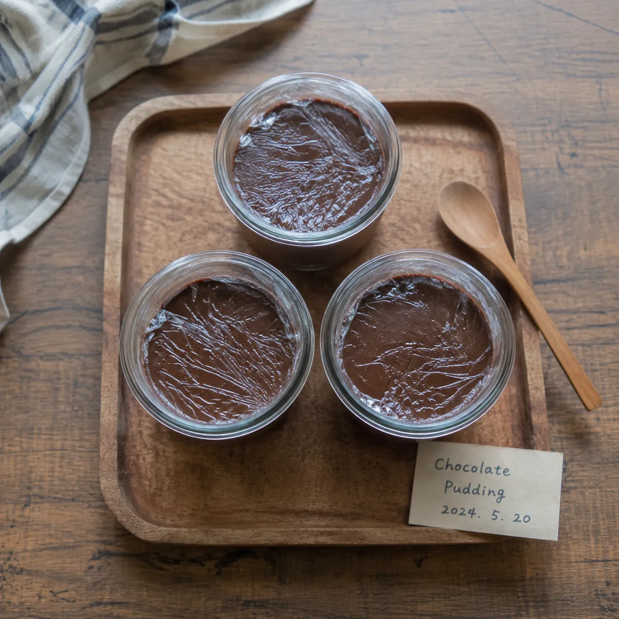 Storing homemade chocolate pudding in jars with plastic wrap pressed on the surface