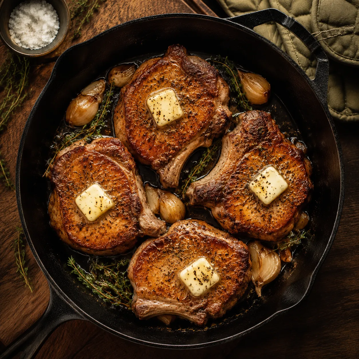 Bone in pork chops in oven-ready skillet with garlic butter and thyme