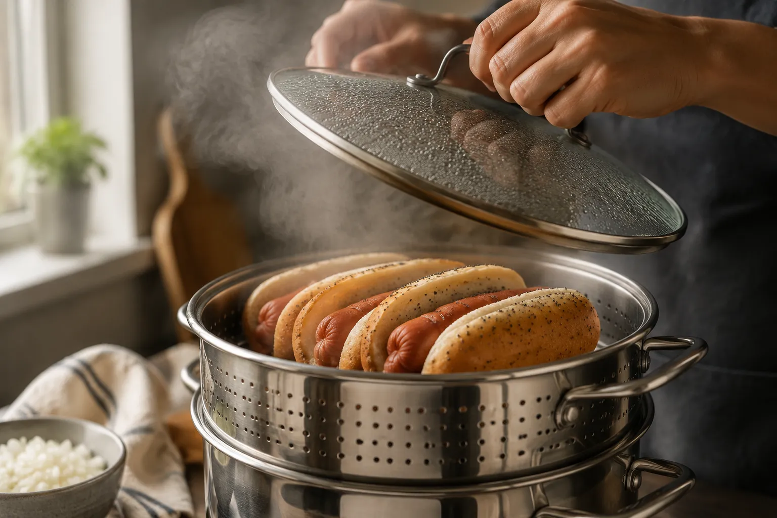 Steaming Vienna beef hot dogs and poppy seed buns for Chicago dog recipe