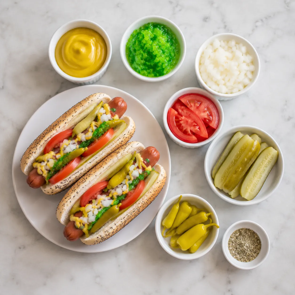 Chicago hot dog recipe ingredients flatlay with Vienna beef, poppy seed buns, and toppings