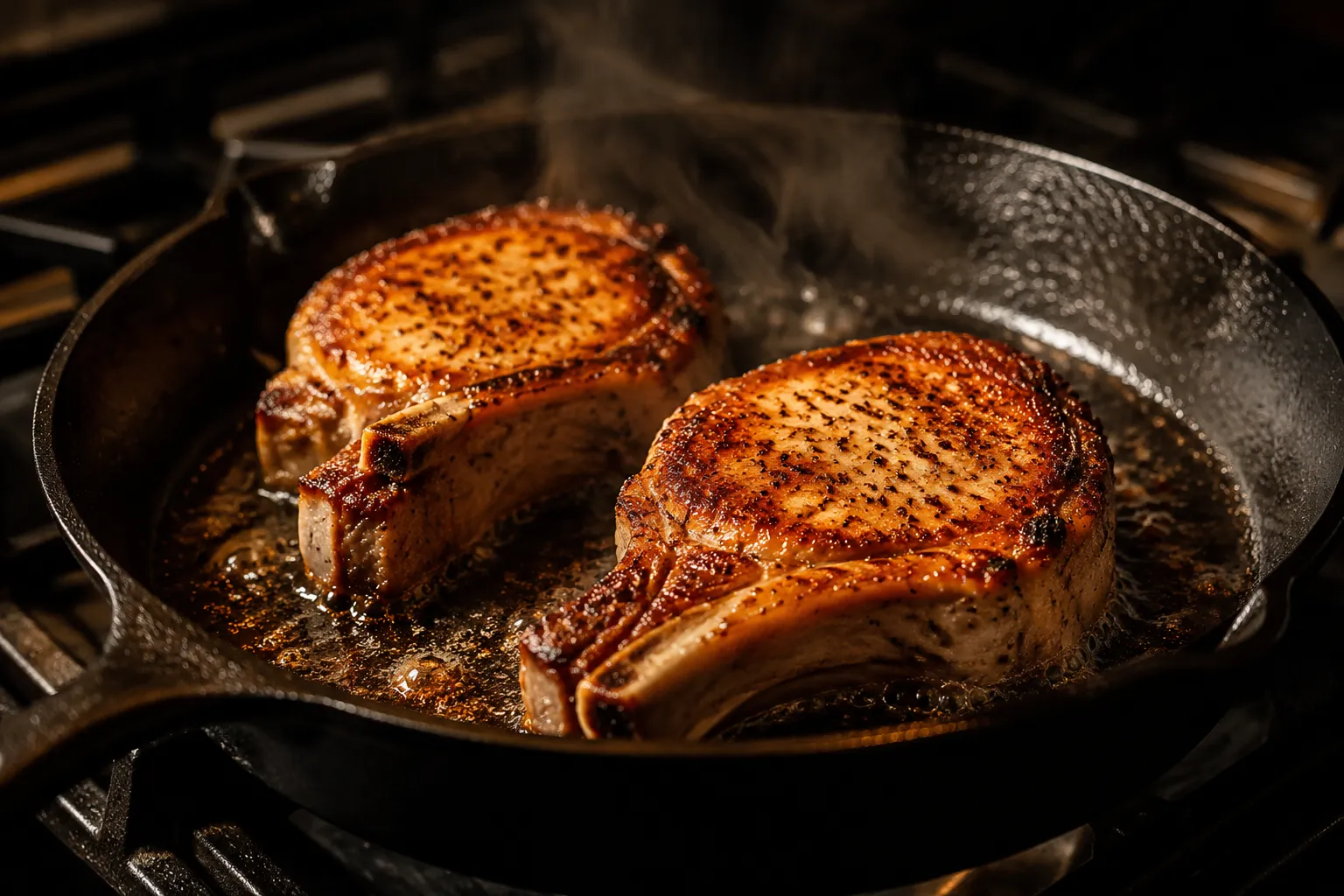 Searing bone in pork chops in a cast iron skillet before oven baking