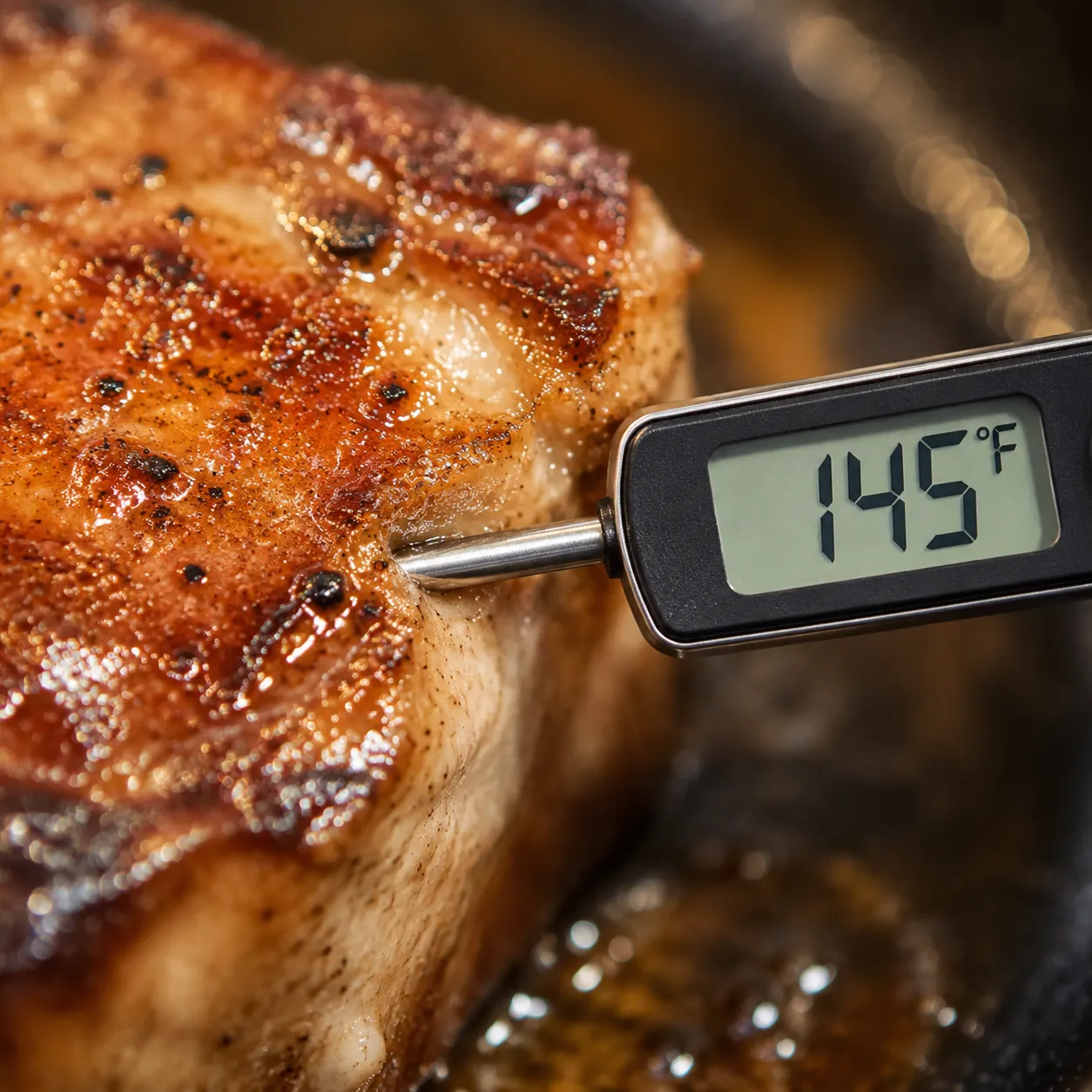 Checking internal temperature of baked pork chops bone in with thermometer