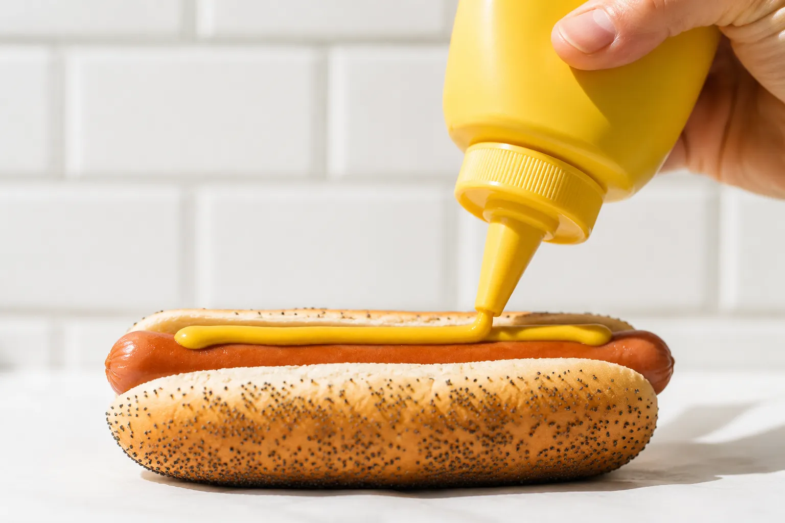 Adding yellow mustard to Chicago hot dog recipe build