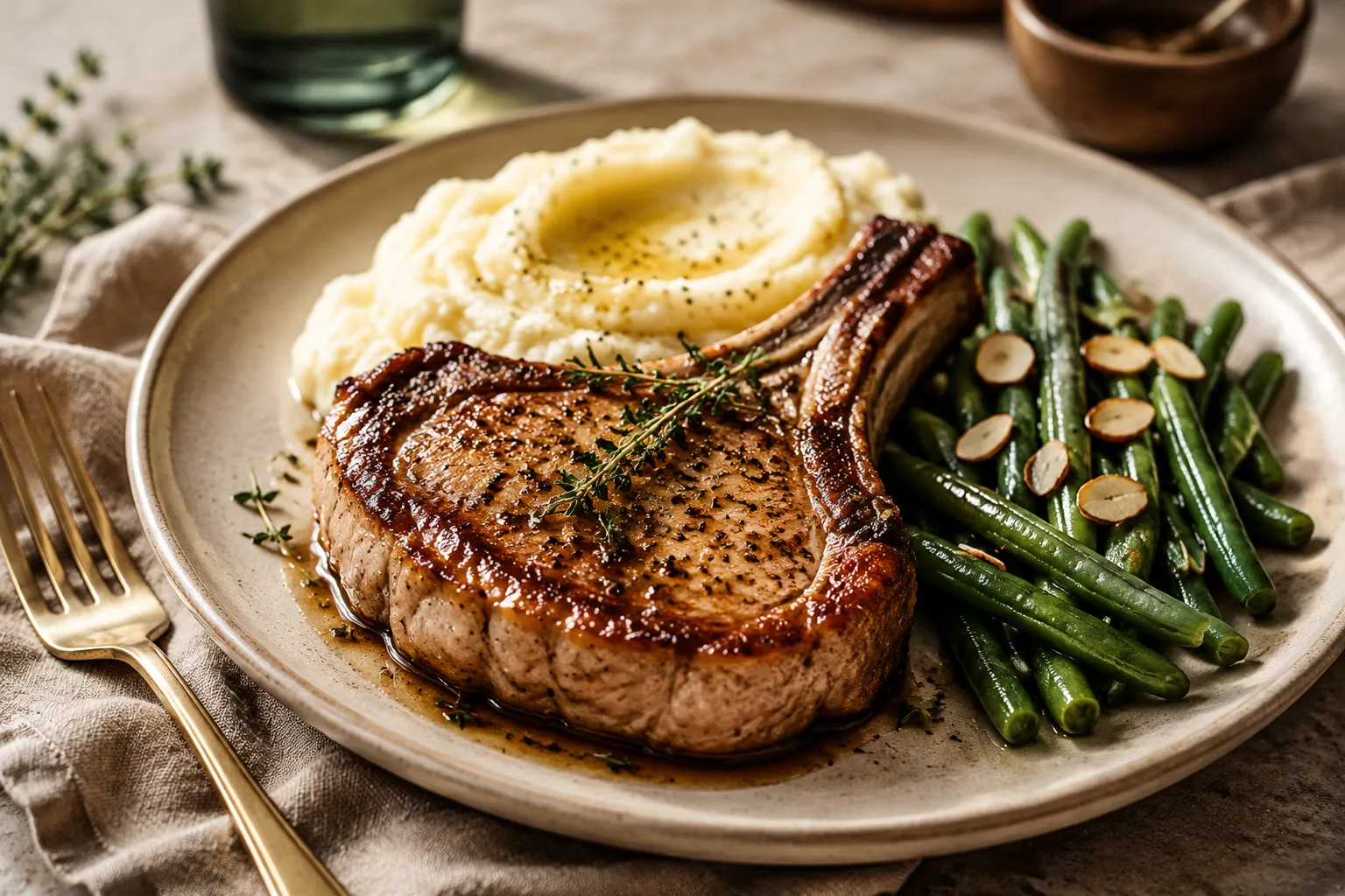 Plated oven baked bone-in pork chops with mashed potatoes and green beans