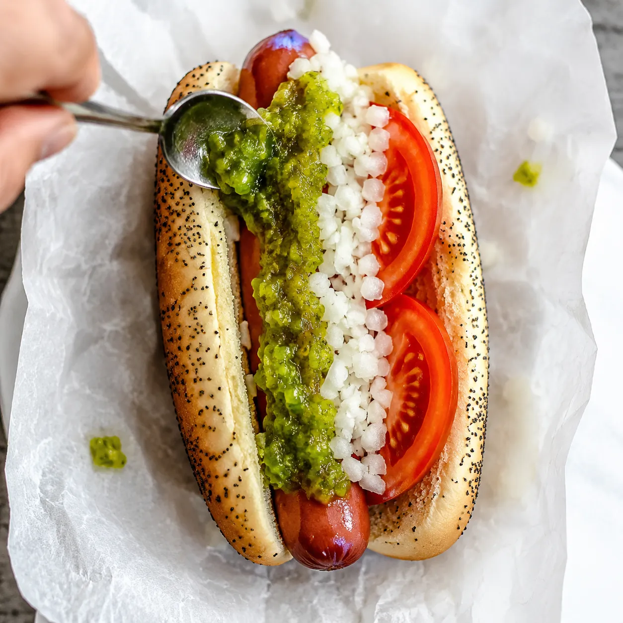 Layering neon green relish onion and tomato on Chicago dog recipe