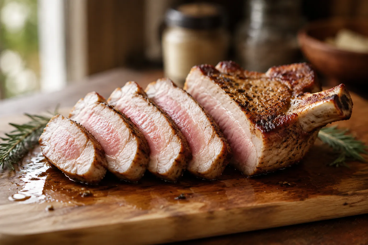 Sliced bone in pork chops showing juicy tender interior after baking