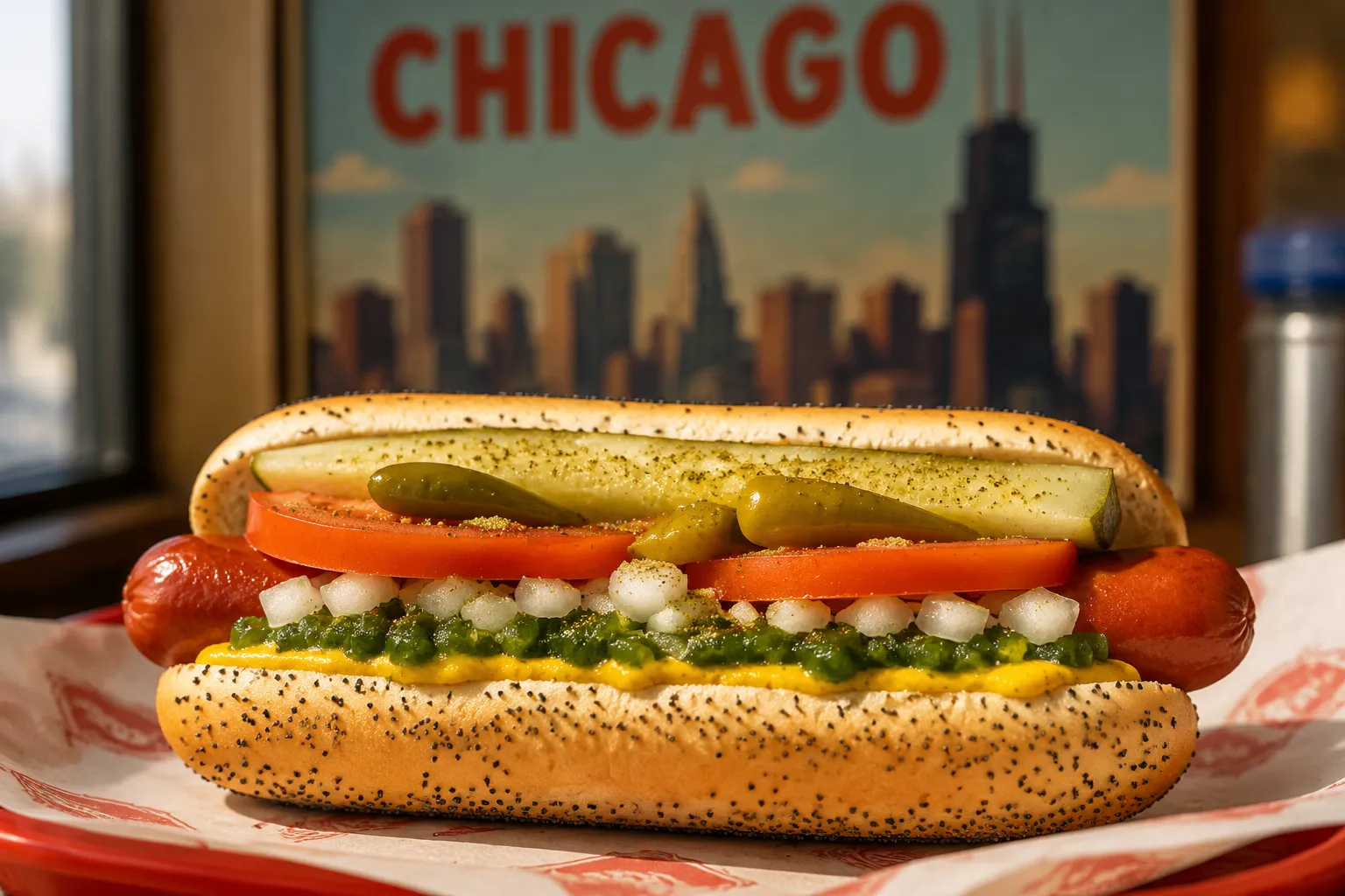 Finished Chicago dog recipe side profile showing all seven classic toppings