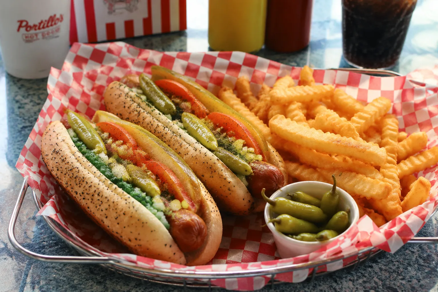 Chicago hot dog recipe served diner-style with crinkle fries and sport peppers