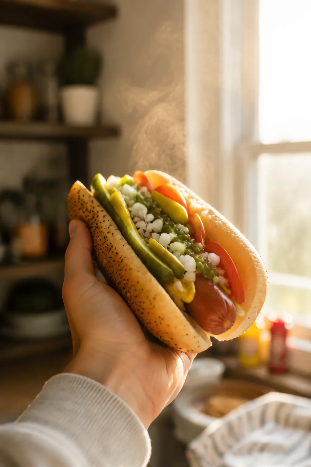 Hand holding a Chicago dog recipe ready to bite, vertical lifestyle shot