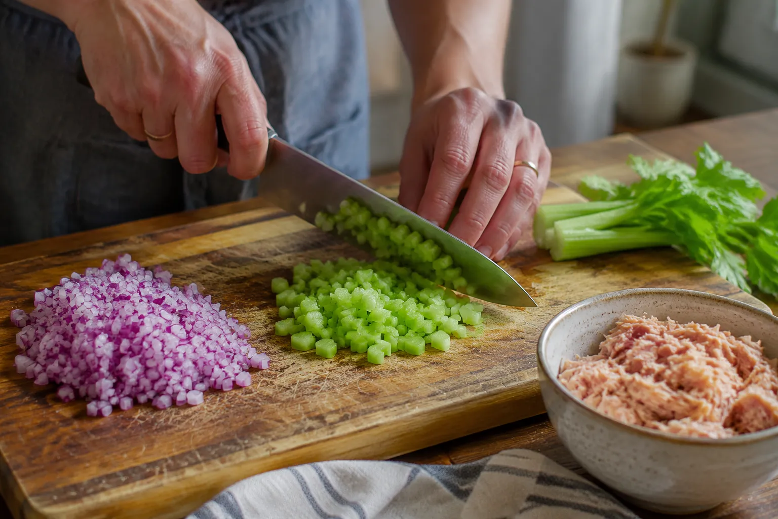 Dicing celery and red onion for tuna salad