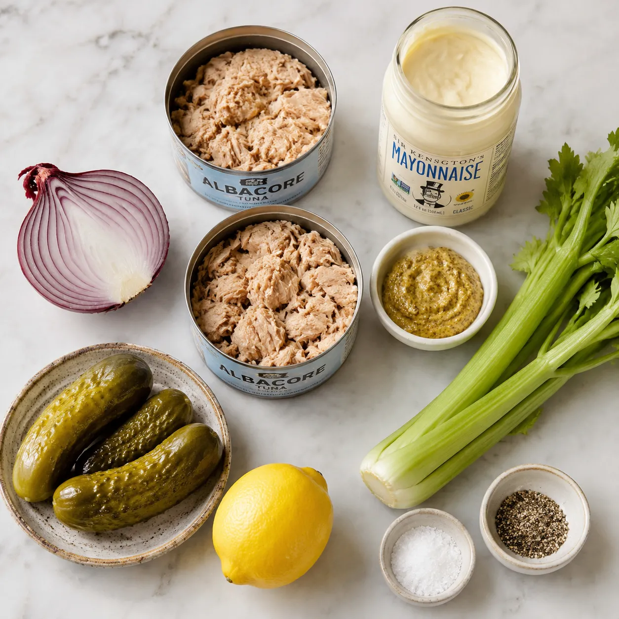 Ingredients for Matthew McConaughey tuna salad recipe arranged on marble