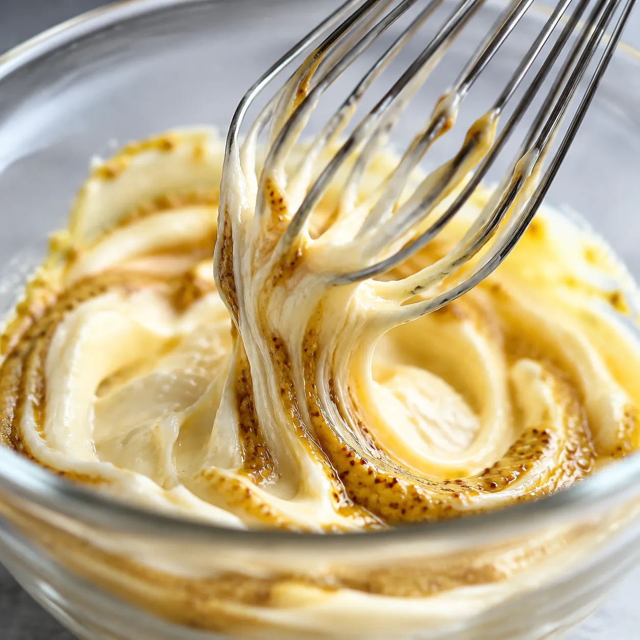 Whisking mayo and Dijon dressing for tuna salad