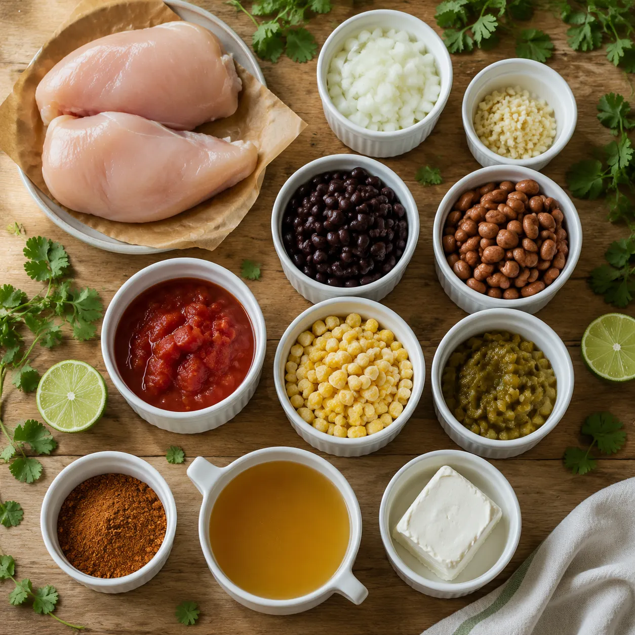 Ingredients for easy chicken taco soup laid out in small bowls