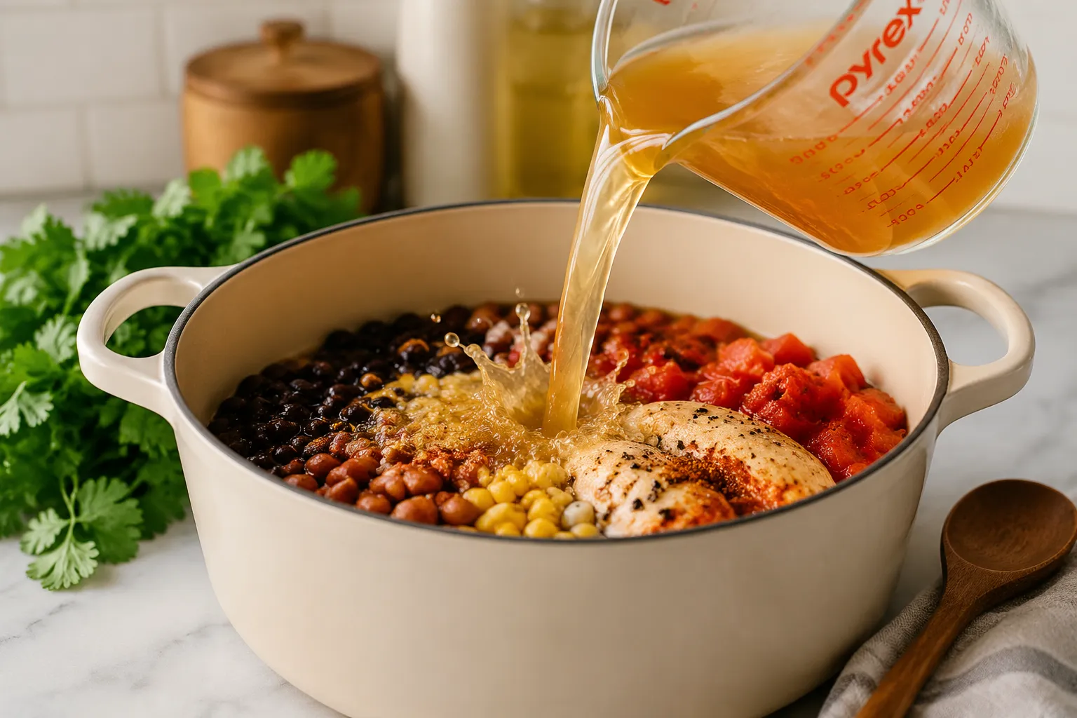 Adding broth to one-pot chicken taco soup with beans and tomatoes