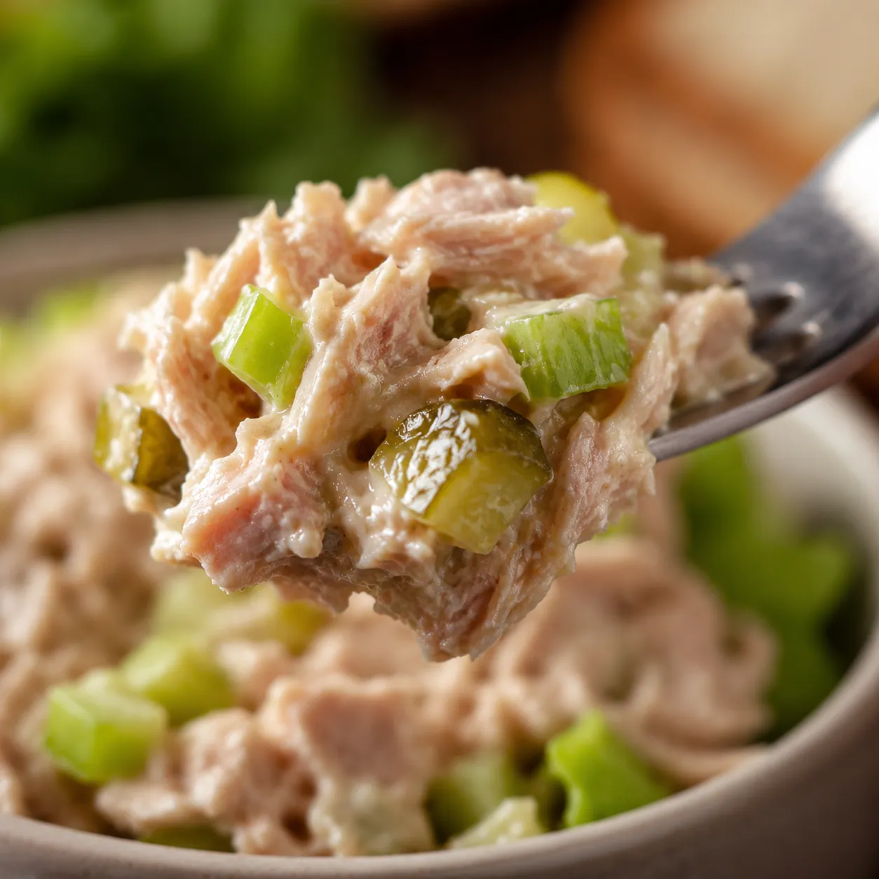 Close-up of creamy tuna salad on a fork showing texture
