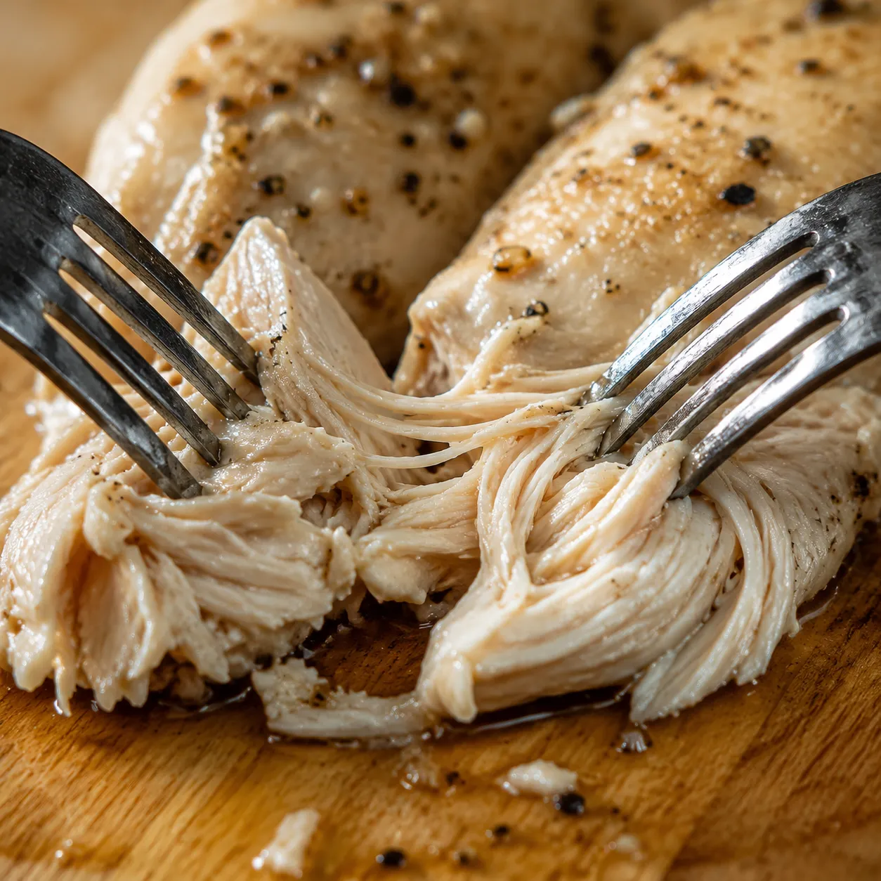 Shredding tender chicken for creamy taco soup recipe