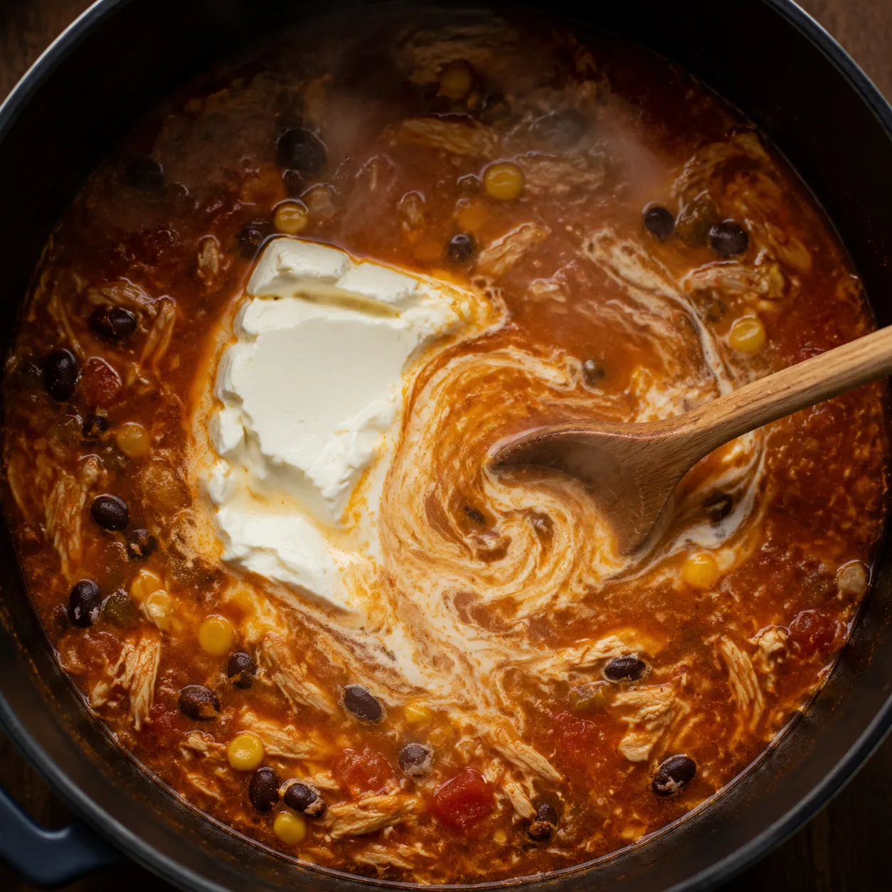 Stirring cream cheese into creamy chicken taco soup