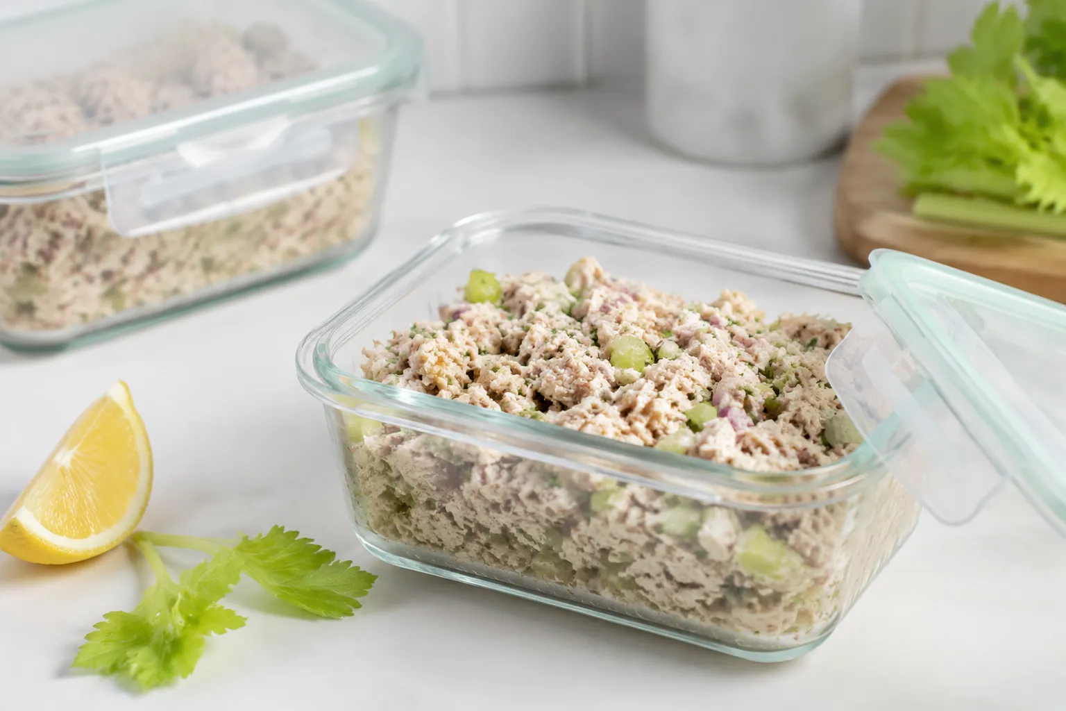 Matthew McConaughey tuna salad stored in a glass meal-prep container