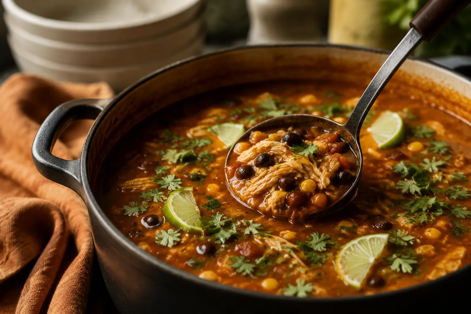 Finished pot of chicken taco soup ready to ladle and serve
