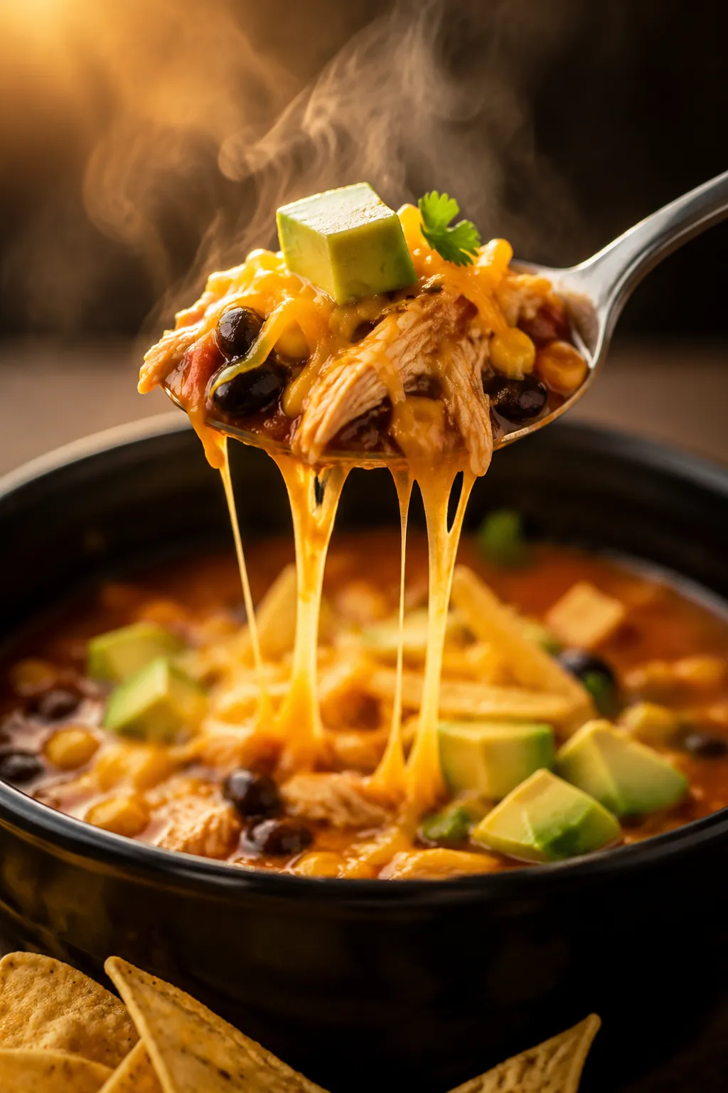 Spoonful of chicken taco soup with melty cheese and avocado