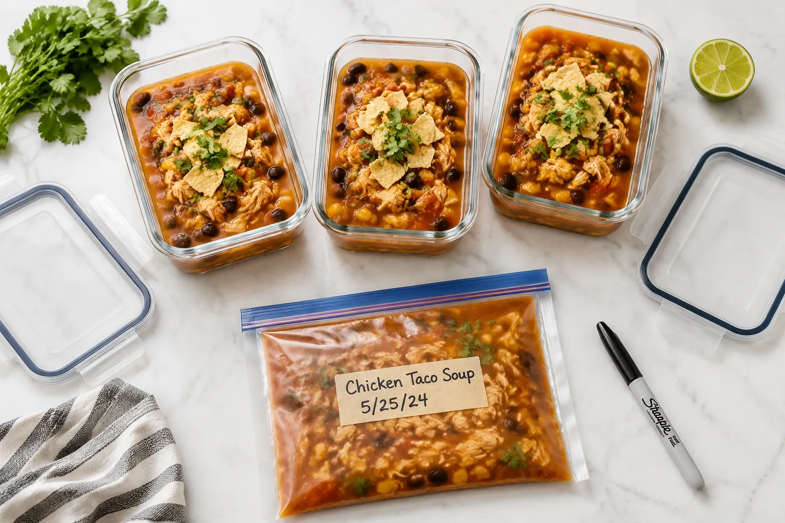 Storing and freezing leftover chicken taco soup in meal-prep containers