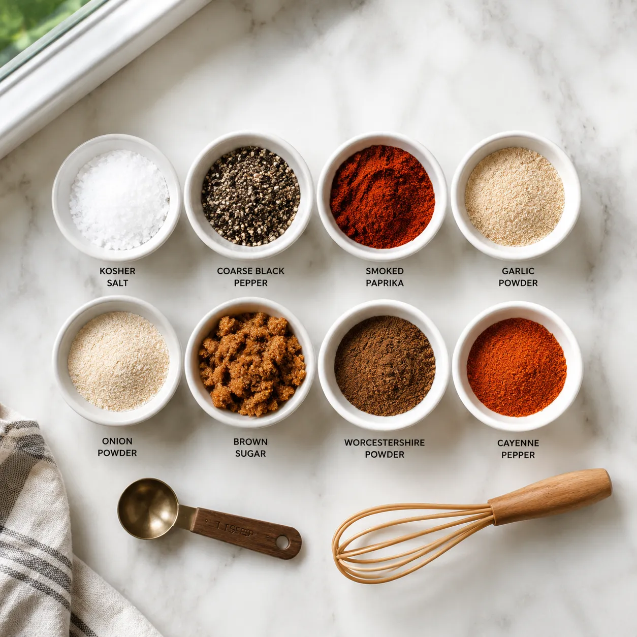 Burger seasoning ingredients including smoked paprika, garlic powder, and brown sugar in small bowls