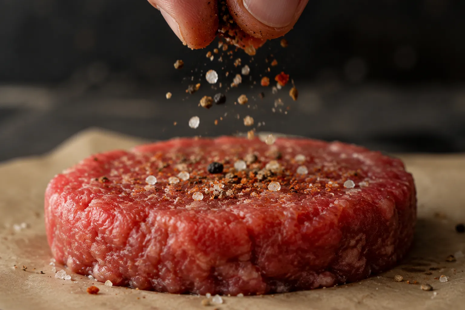 Sprinkling homemade burger seasoning on a raw ground beef patty before grilling