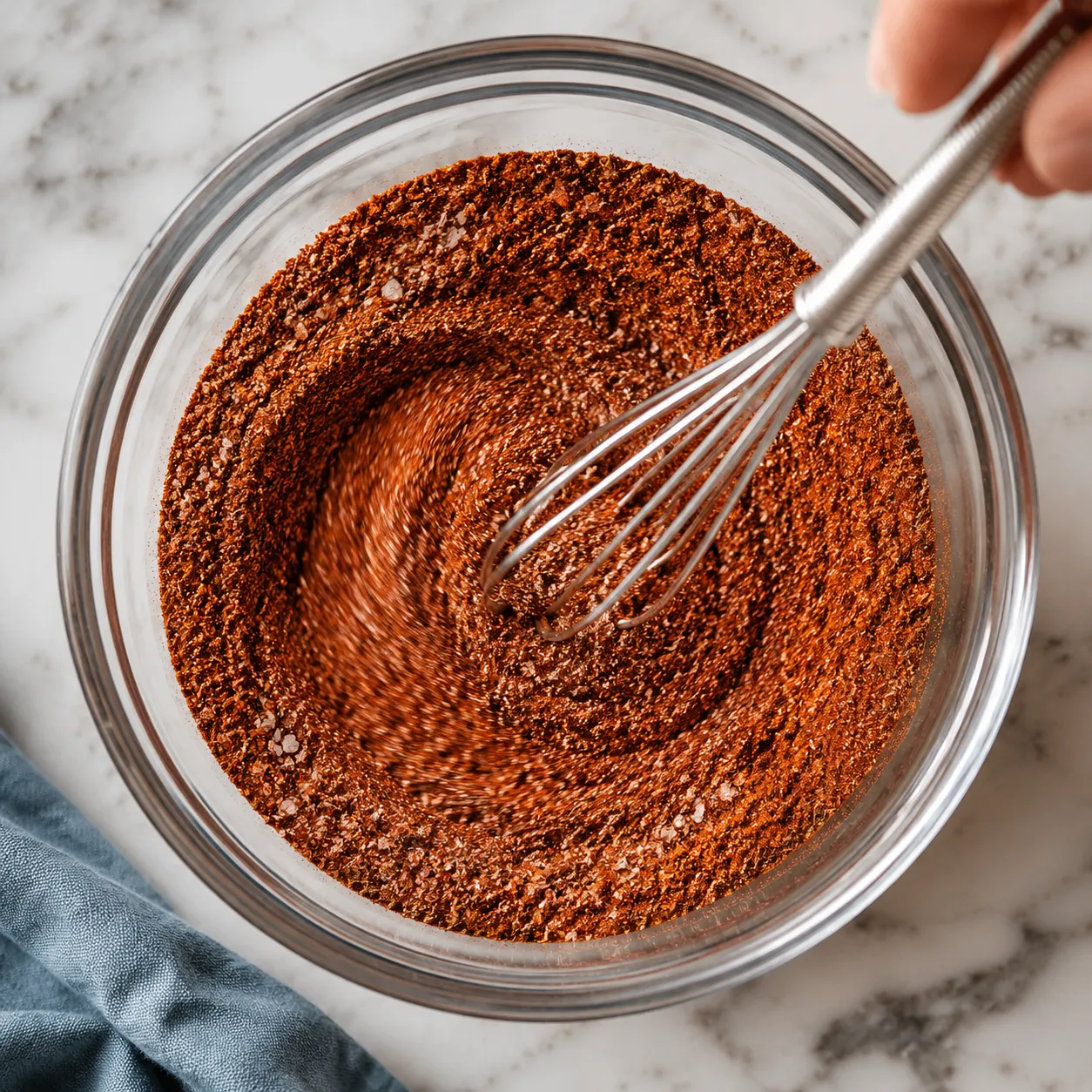 Whisking together homemade burger seasoning recipe in a glass bowl