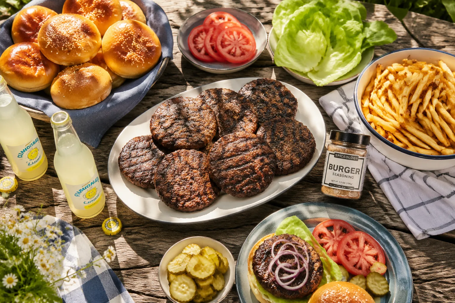 Backyard cookout featuring burgers made with homemade burger seasoning recipe