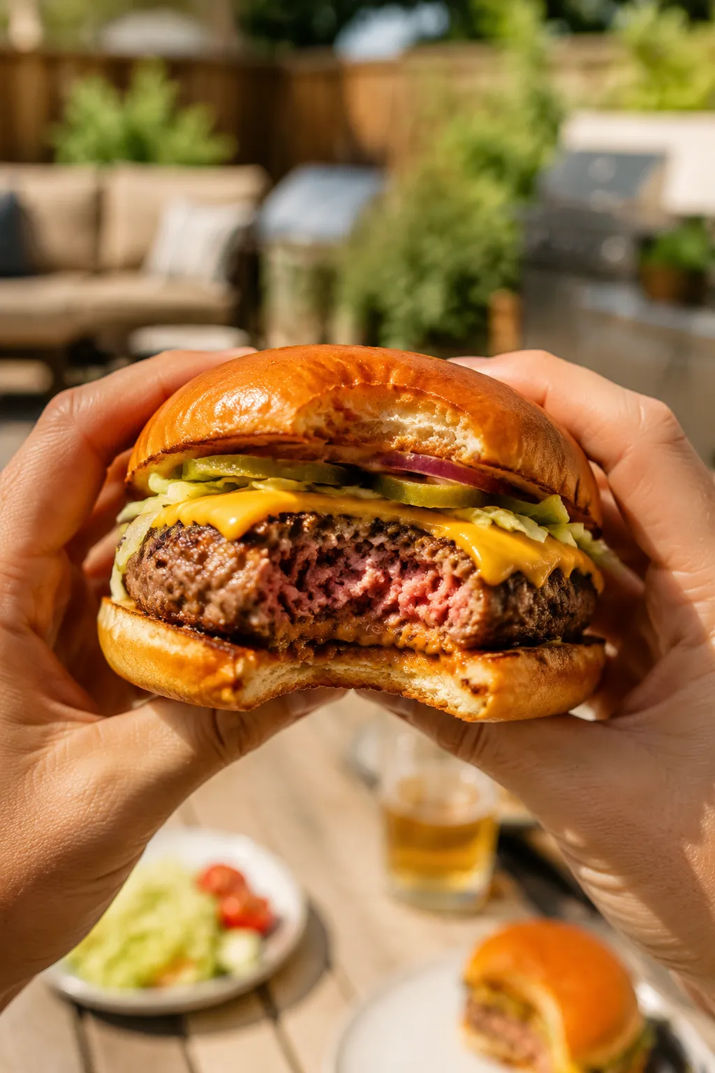 Holding a juicy cheeseburger seasoned with homemade burger seasoning