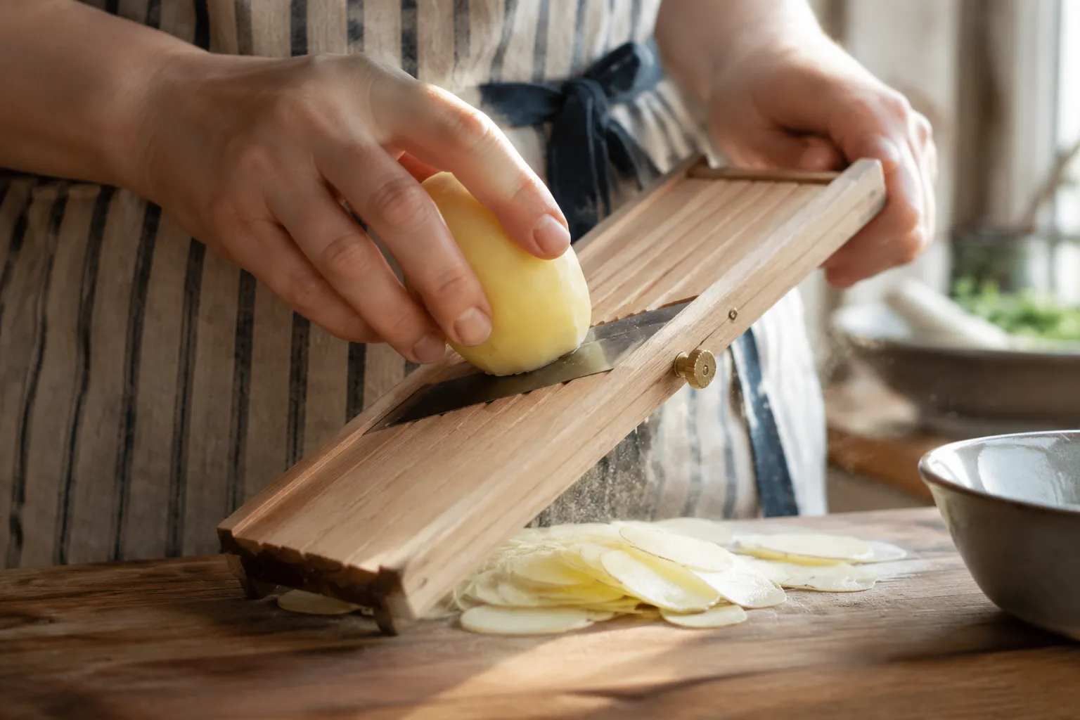 Slicing Yukon Gold potatoes thin for scalloped potatoes and ham
