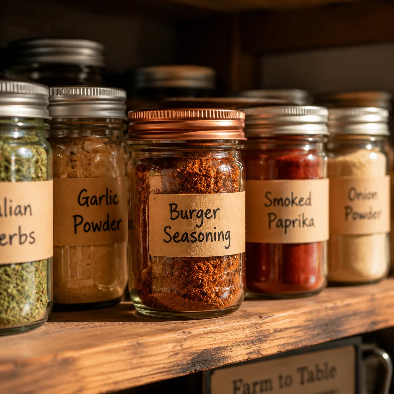 Homemade burger seasoning stored in a labeled mason jar in the pantry