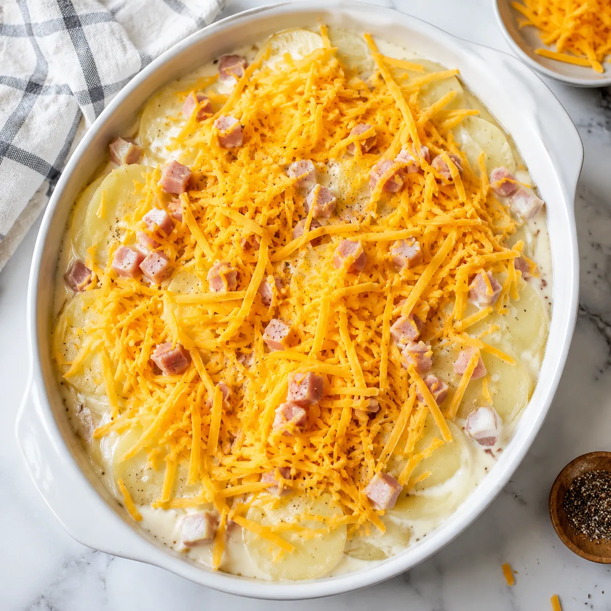 Layered scalloped potatoes and ham assembled in a casserole dish before baking