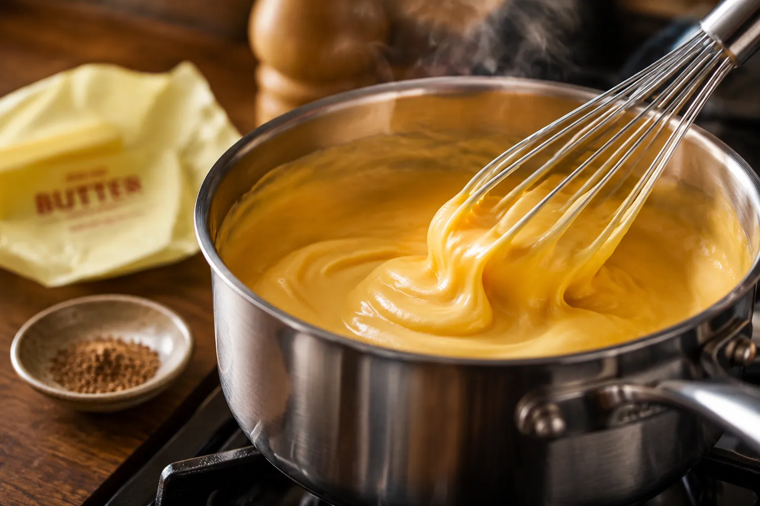 Whisking homemade cream sauce for scalloped potatoes and ham